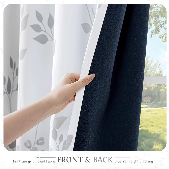 Beauoop Floral 100% Blackout Curtains 63 Inch Length 2 Panels for Bedroom Living Room Grey White Flower Patterned Room Darkening Thermal Insulated Soundproof Grommet Window Treatments Drapes, 52X63