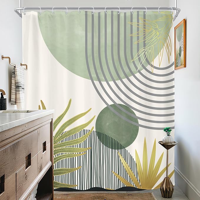 KOMLLEX Mid Century Mint Green Boho Shower Curtain for Bathroom Decor 72Wx78H Inches Abstract Modern Plant Botanical Minimalist Arch Sun Neutral Fabric Waterproof Polyester 12 Pack Hooks