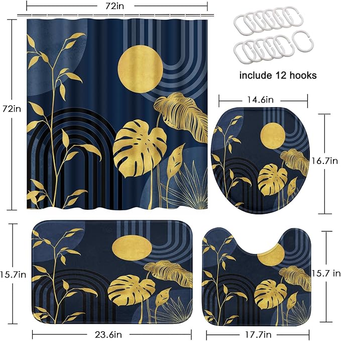 Boho Blue Shower Curtain Set with Toilet Lid Cover and Non-Slip Rugs, Abstract Gold Modern Tropical 4 Pcs Modern Minimalist Vintage Shower Curtain for Bathroom Set with 12 Hooks