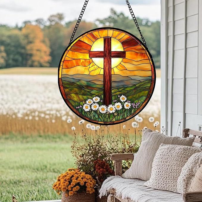 Christian Gifts for Women - Cross Stained Glass Window Hanging Easter Daisy Natural Landscape Sun Catcher Garden Religion Decor Mother's Day Catholic Gift for Men Grandma Mom Her Nana 6.3"