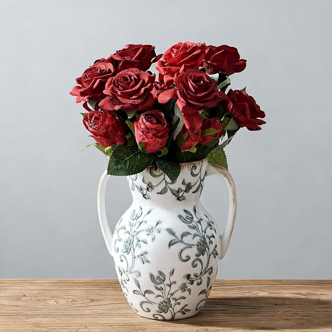 Gray and Beige Farmhouse Vintage Vase with 2 Handles, Chinoiserie Floral Vase, Rustic Ceramic Vases for Home Decor, Wedding, Living Room, Table, Shelf Decor - 8.3 Inch Tall
