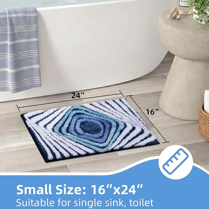 Funky Blue Bathroom Rug, Absorbent Non Slip High Pile Tufted Bath Mat with 3D Striped Pattern, Plush Microfiber Shower Rug for Bathroom Sink, Tub, Machine Washable, 16"x24"