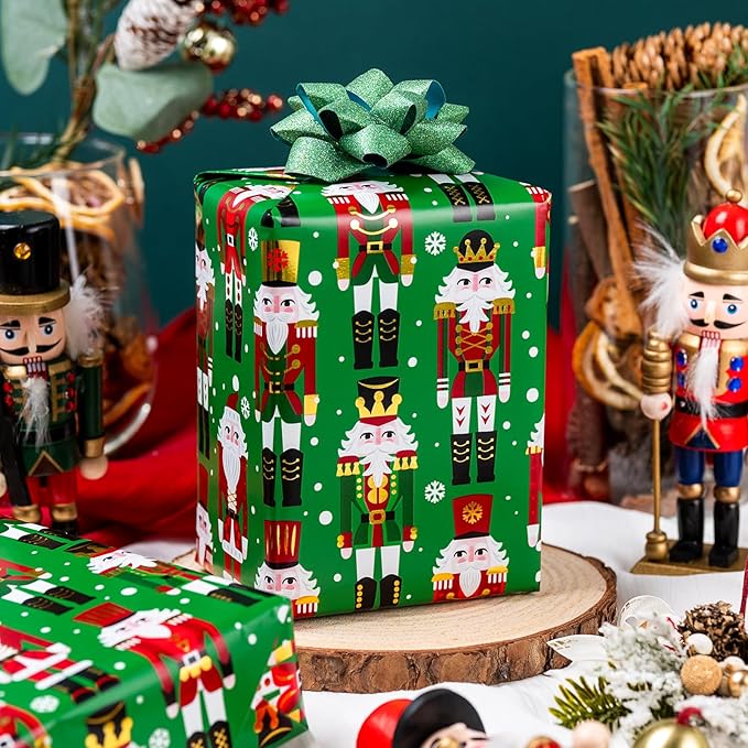 MAYPLUSS Christmas Nutcracker Wrapping Paper, Reversible Christmas Gift Wrapping Paper, Funky Cute Green Nutcracker Print Thick Gift Wrap Metallic Foil Paper for Holiday (Mini Roll, 17 Inch X 33 Feet)
