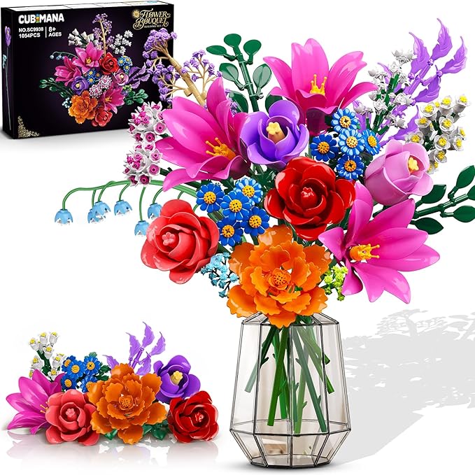 Flowers Bouquet Building Set with LED Light, 21 Flower Botanical Collection Building Block Toy, Rose Lily Home Plant Decor 1054PCS for Her Adults Women Kids Girls 12+ (RED)