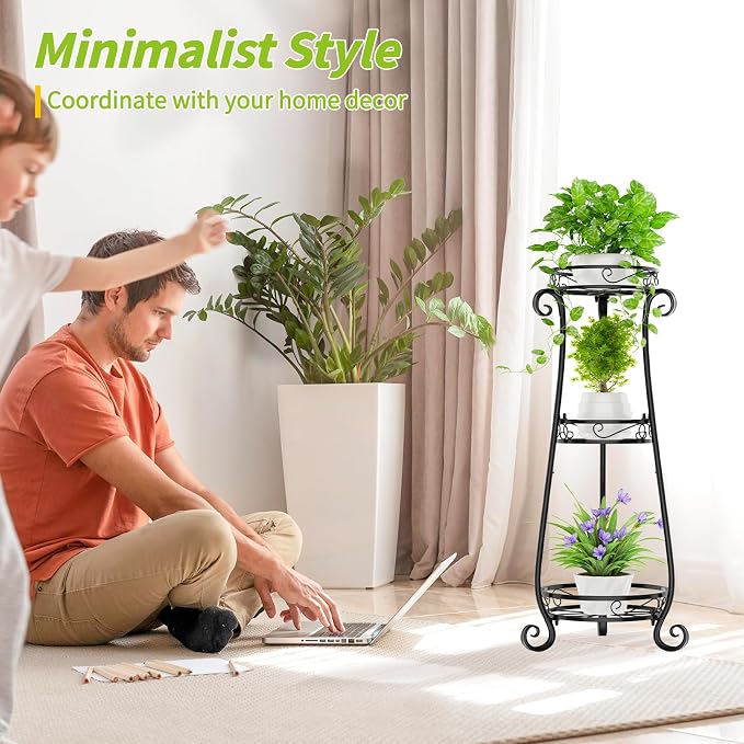 KMOTASUO 3 Tier Metal Plant Stand Indoor, 34 Inch Tall Corner Plant Stands for Indoor Plants, Flower Pot Holder Shelf Display Rack for Balcony Garden Patio Living Room(Black)