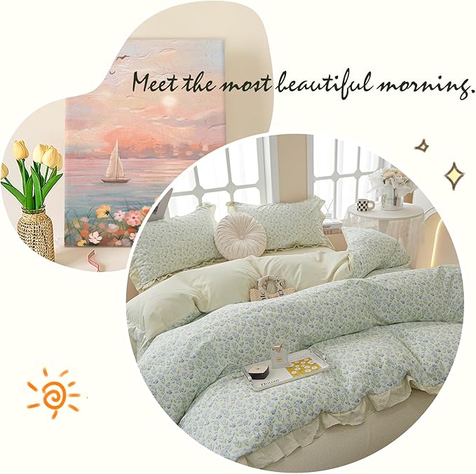 Green Floral Ruffle Comforter Set Queen Girls Cute Blue Flowers Comforter Fluffy Soft Cottagecore Bedding Set Vintage Botanical Comforter with 2 Pillowcases Romantic Lace Boho Bed Comforter Set