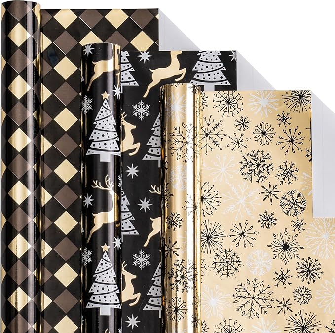 LeZakaa Black Gold Christmas Wrapping Paper Mini Roll, Reindeer Snowflake Tree Grid Metallic Foil Holiday Gift Wrap, DIY Craft, for Xmas Winter Party, 17 x 120 inches, 3 Rolls