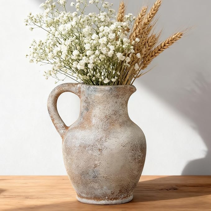 Ceramic Rustic Farmhouse Vase with Handle, Terracotta Vase, Minimalist Decorative Vases for Home Decor, Table, Living Room, Shelf, Christmas Decoration(Terra)