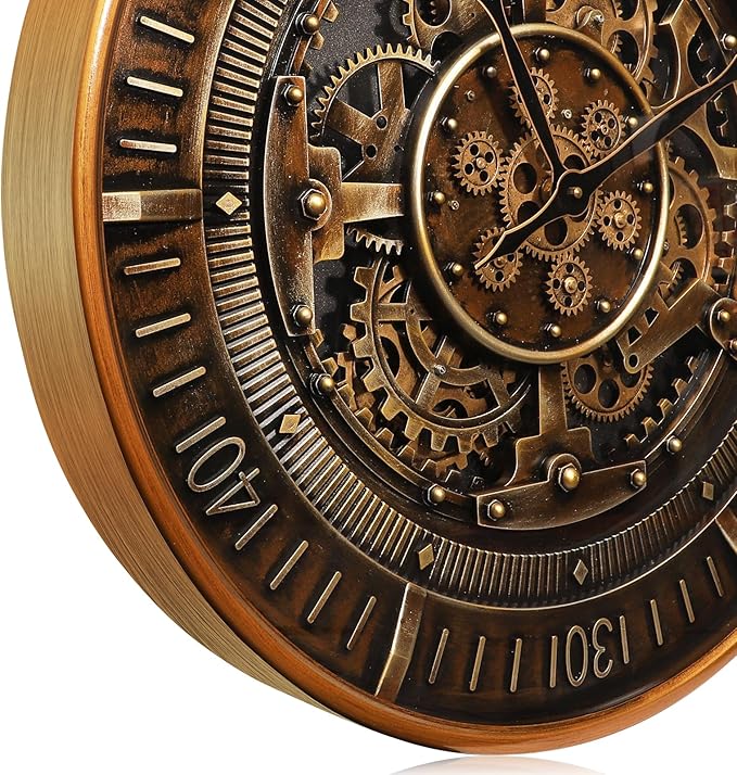 24 Inch Large Real Moving Gears Wall Clock,Vintage Industrial Steampunk Metal Wall Decor with Convex Glass, Silent Non-Ticking Oversized Clock for Living Room, Office(24 Inch Antique Brass Gold)
