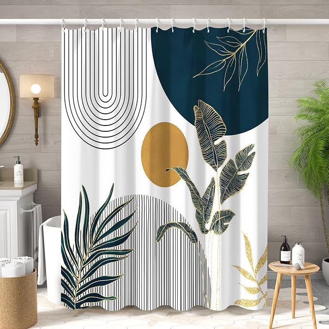 Mid Century Boho Shower Curtain, Abstract Modern Sun Minimalist Aesthetic Shower Curtain, Bohemian Geometric Arch Curve Leaves Neutral Art Fabric Bathroom Curtain Blue 60x72 inch