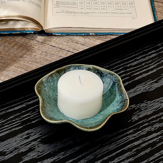 Koythin 2-Piece Ceramic Candle Holder, Aesthetics Candlestick Holders for Tea Lights, Lotus Leaf Shape Candle Stand for Mantle Table, Adorable Vintage Decor for Weddings Dining (Green)