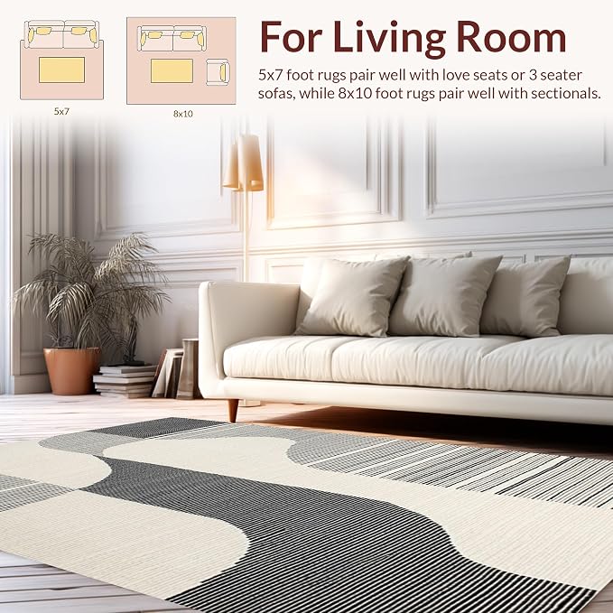 Flatwoven High Traffic Area Rug 8x10, Modern Zebra Inspired Abstract Stripe with Dynamic Flowing Lines, Non Slip, Stain Resistant, Washable Area Rugs for Living Room, Bedroom (Black, 8x10)