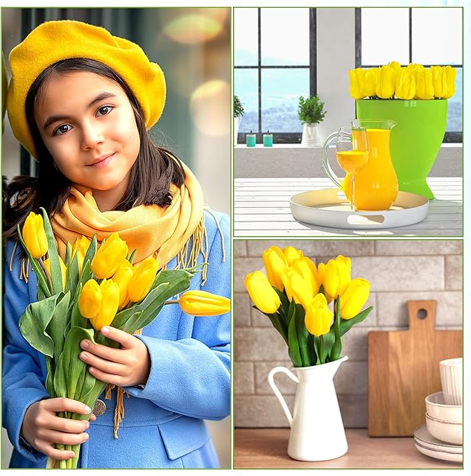 Janinka 100pcs Artificial Tulip Flowers Fake PU Tulips Faux Latex Bouquet Flower Centerpieces Arrangement Floral for Mother Day Wedding Spring Decorations (Yellow)
