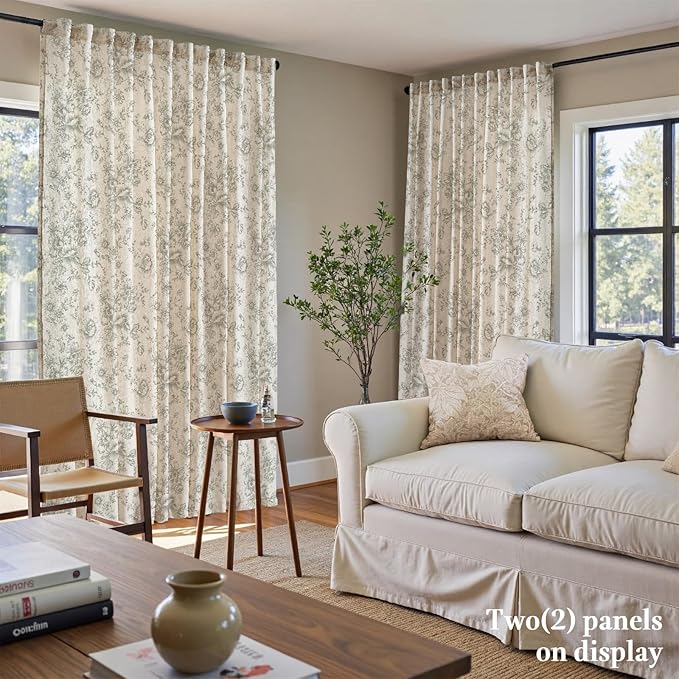 jinachan Linen Floral Curtains 100 Inch Extra Wide for Patio Sliding Glass Door Room Divider Curtain for Living Room 108 Inch Length Farmhouse Peony Christmas Green Printed Curtain Set 1 Panel