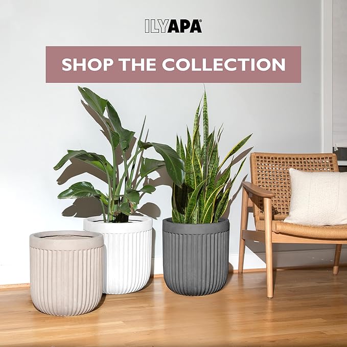 Ilyapa 14 Inch Large Fluted Modern Concrete Planter - 14x14 Inch Indoor Plant Pots with Drainage - Large Black Planters for Indoor/Outdoor Use