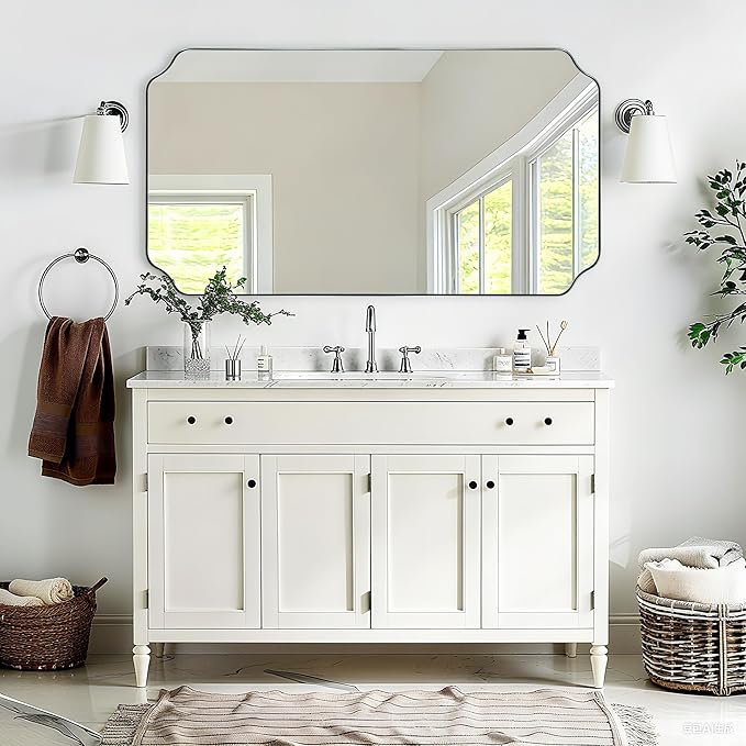 ANDY STAR 30"x55" Large Bathroom Mirror, Chrome Scalloped Mirror for Wall, Full Length Wall Mirror with Unique Notched Corner Design, Hangs Vertically or Horizontally