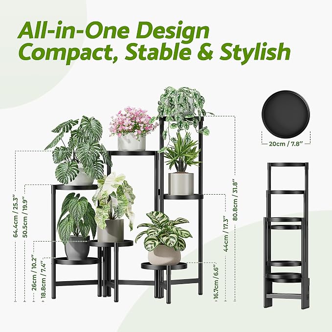 7 Tier Large Tiered Plant Stand Indoor, 7.9 Inch Wide Tall Corner Metal Plant Stands Outdoor for Multiple Plants, Decoration Flodable Tall Flower Display Holder Rack Shelf for Patio Balcony House