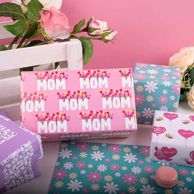 Altarho Mother's Day Wrapping Paper Sheet for Mom Women - Floral Best Mom Ever Words Design Folded Flat for Mother's Day Birthday Party - 20 Inch X 28 Inch Per Sheet(8 Sheets)
