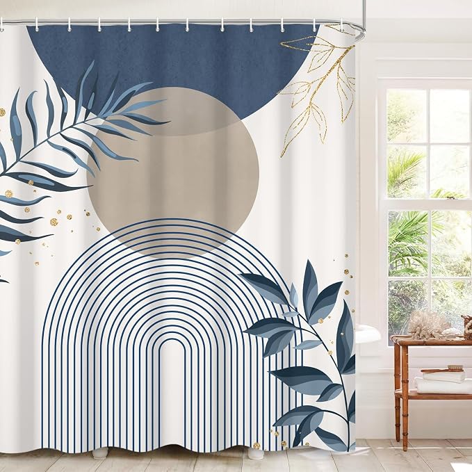 Boho Mid Century Shower Curtain, Navy Blue Modern Minimalist Abstract Geometric Gold Plant Leaves Sun Arch Bathroom Curtains Waterproof Fabric Buthtub Curtain Set with Hooks 72" Wx72 L