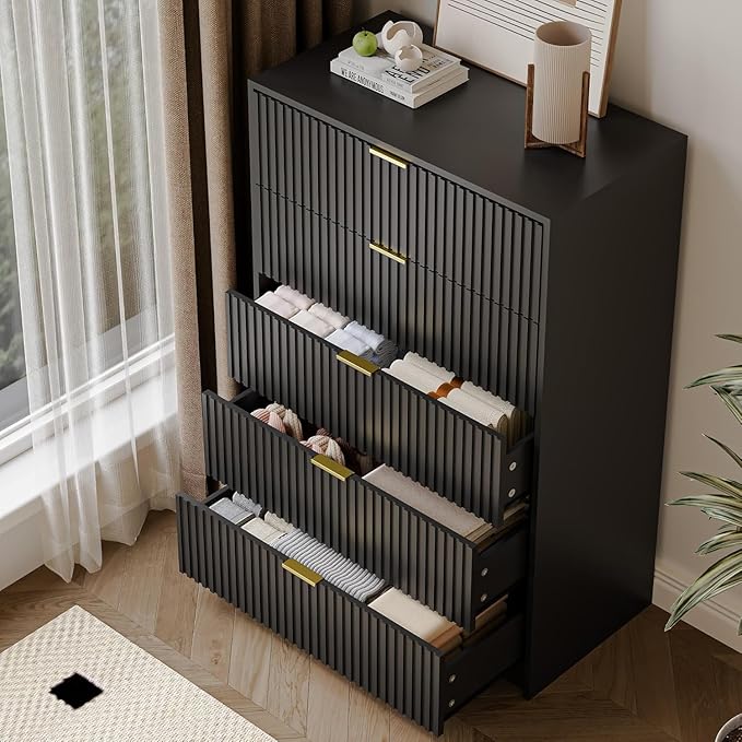 3-Piece Dresser Bedroom Set, 5 Drawer Dresser & 3 Drawer Nightstands with Gold Handles, Fluted Wood Chest of Drawers for Bedroom, Living Room, Entryway, Black