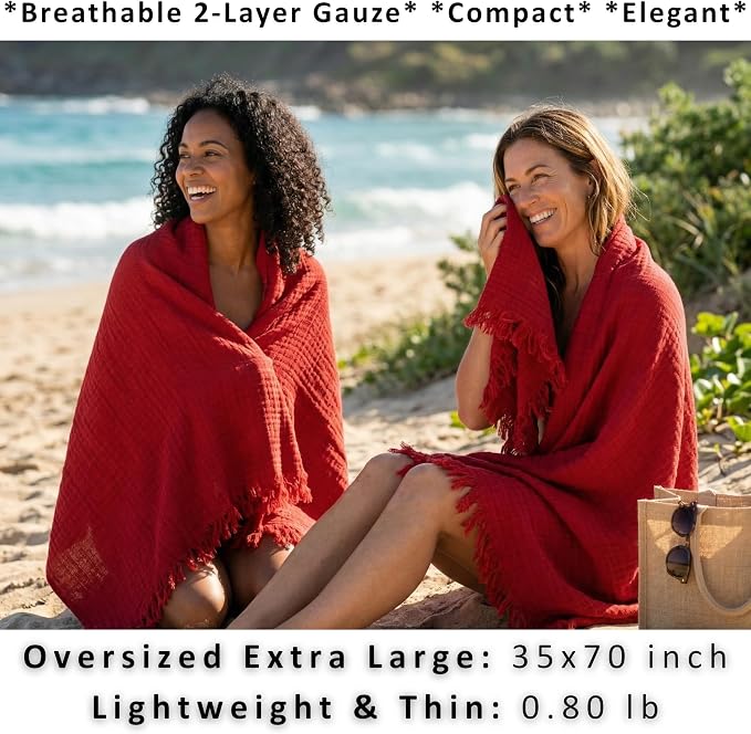 PÜSKÜL - Premium 2-Piece Oversized Muslin Bath Towel for Adult 35x70 Extra Large Bath Sheets | Natural 100% Turkish Cotton Soft Absorbent Quick-Dry Lightweight Spa & Beach Towels (Pack of 2, Red)