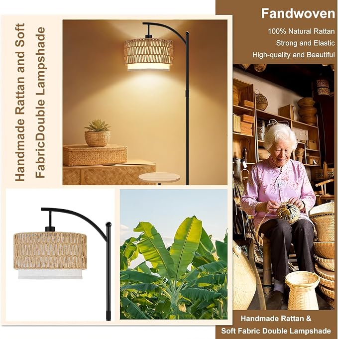 Arc Floor Lamp with Table and Shelves Dimmable Standing Lamp with Rattan and Fabric Shade, Boho Farmhouse Floor Lamp for Living Room with Remote, Wicker Tall Lamp with 3 Color Temperatures