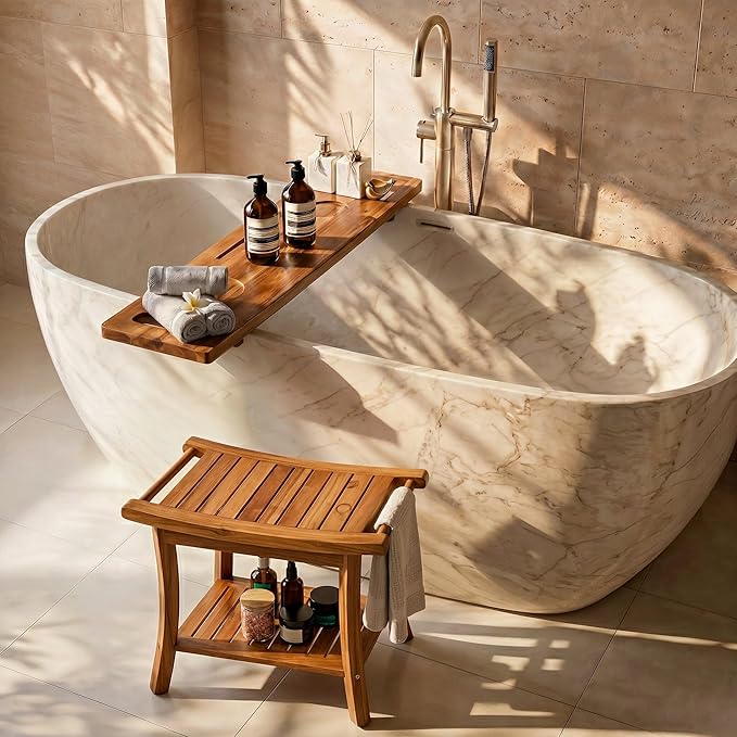 Tinamo Teak Shower Bench 22" L and Acacia Bathtub Caddy Tray 39" L Bundle