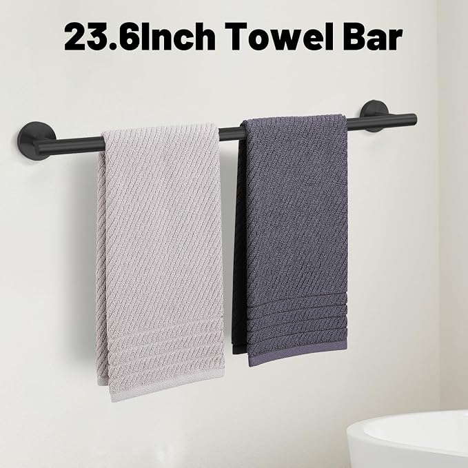 5 Pieces Matte Black Bathroom Hardware Accessories Set SUS304 Stainless Steel Black Towel Bar Holder Set, 23.6Inch Towel Racks for Bathroom, Robe Towel Hooks, Toilet Paper Holder Wall Mounted