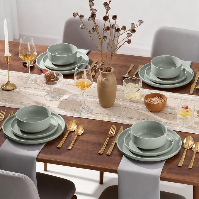 E-far 12-Piece Stoneware Dinnerware Sets, Plates and Bowls Sets for 4, Ceramic Dishware Dishes Set with Terracotta Base, Chip & Scratch Resistant, Microwave & Dishwasher Safe, Speckled Green