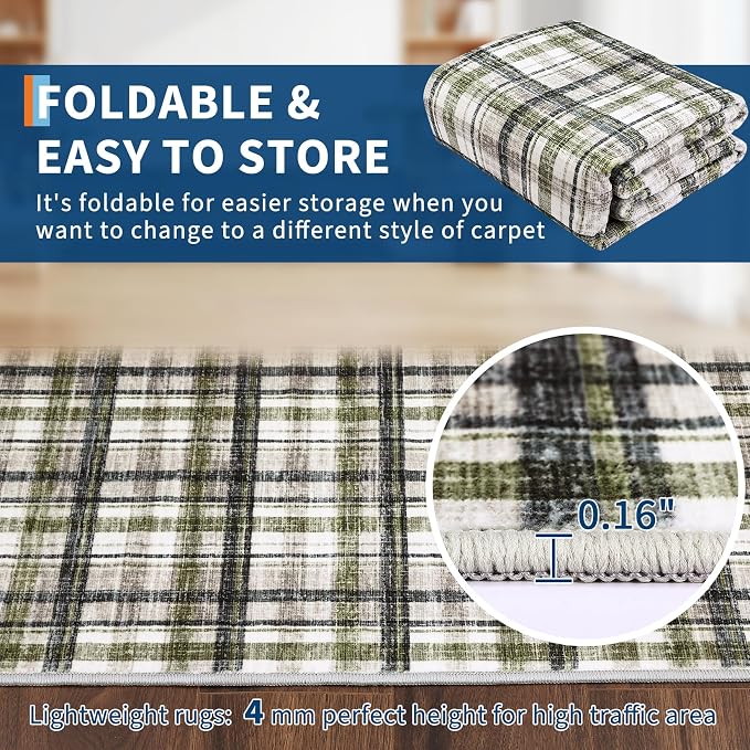 10x13 Area Rug for Living Room Washable Rugs Farmhouse Bedroom Rug Large Rug Non Slip Modern Plaid Throw Rugs for Dining Room Stain Resistant Carpet for Office Classroom, Green&Taupe