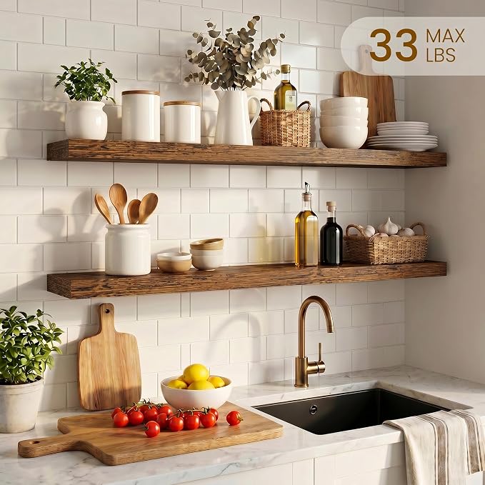Dreamland 32inch Floating Shelves for Wall, Rustic Brown Floating Shelves for Bathroom|Bedroom|Kitchen, Deep Wall Mounted Book Shelf, Wood Storage Display Shelf for Home Decor, Set of 2