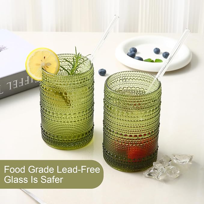 ZMOWIPDL Vintage Glassware Drinking Glasses Set of 6,15 oz Hobnail Glass Cups,Embossed Green Water Tumbler,for Beer,Cocktail,Whiskey,Juice and Various Mixed Drinks- 1 Cleaning Brush