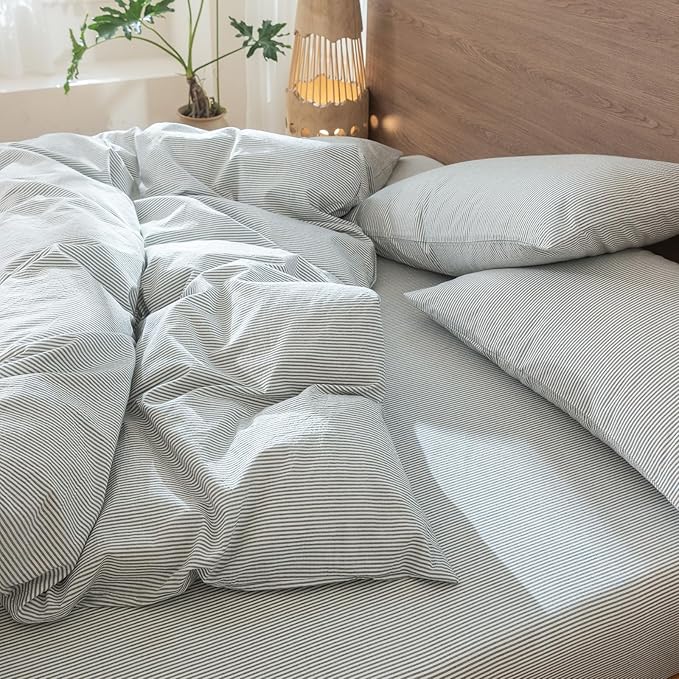 MooMee Striped Duvet Cover Set 100% Washed Cotton Linen Like Textured Breathable Durable Soft Comfy (Heathered Green Pinstripes, Cal King 104"x98")
