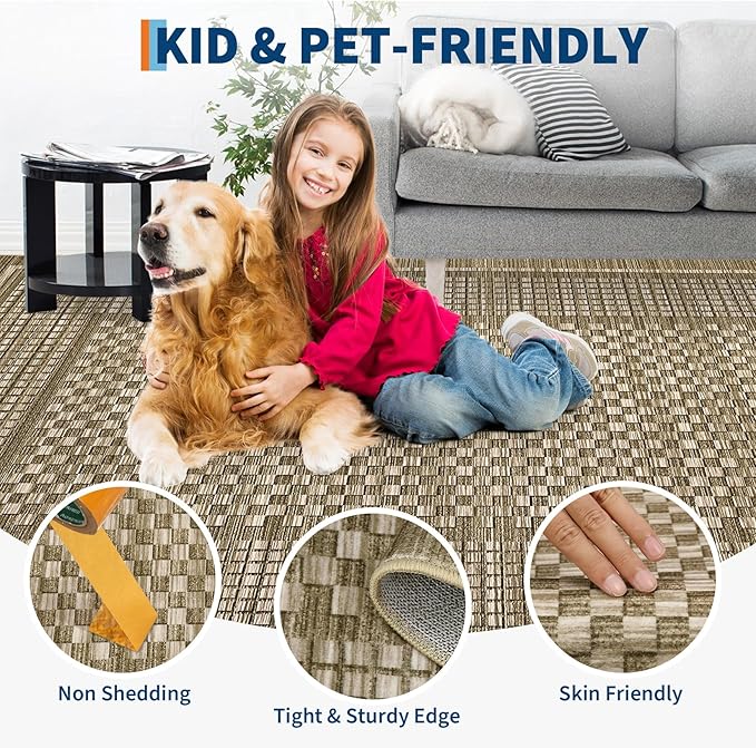 Washable Rugs 9 x 12 Rug for Living Room Modern Bedroom Rug Contemporary Large Area Rug Non Slip Throw Rugs Checkered Farmhosue Stain Resistant Carpet for Office Dining Room 9'x12' Brown