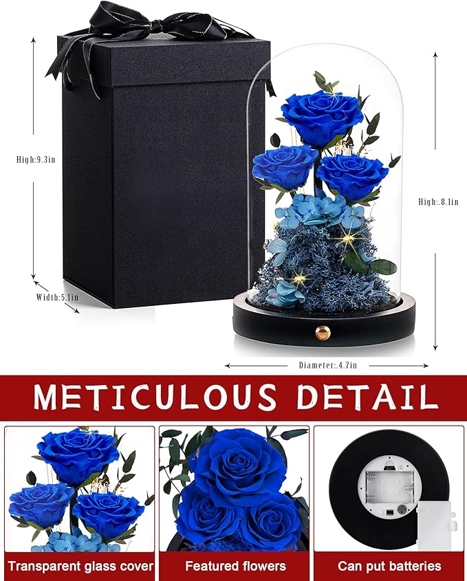 Christmas Flowers Roses Gifts for Mom,Forever Real Preserved Roses in Glass Dome,Christmas Anniversary Thanksgiving Gifts for Wife Girlfriend Women Best Friend Grandma/Blue Rose
