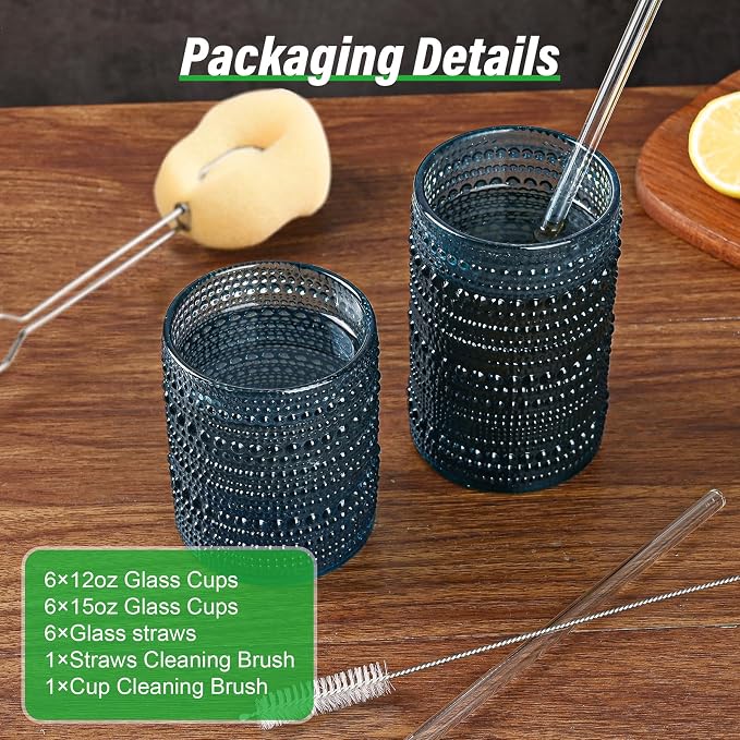 ZMOWIPDL Vintage Glassware Drinking Glasses Set of 12,Blue 12oz & 15oz Hobnail Glass Cups,Embossed Water Tumbler,for Beer,Cocktail,Whiskey,Juice and Various Mixed Drinks- 1 Cleaning Brush