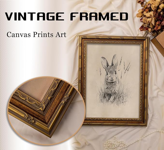 Vintage Gold Framed Easter Bunny Canvas Wall Art Vintage Rabbit Wall Decor Spring Farmhouse Animal Sketch Print Artwork Sketch Rabbit painting Picture for Farmhouse Bedroom Living Room 16X24in