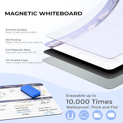 MARSROCK Magnetic Refrigerator Calendar - 16.3x11.7” Weekly & Monthly Planner | Chore Chart & Grocery List with Markers & Eraser, Gray