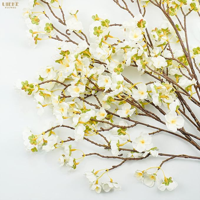 Uieke 3PCS Artificial Cherry Blossom Flowers, 40.5in Silk Cherry Blossom Branches Long Stems Fake White Flowers Arrangements for Wedding Home Japanese Sakura Room Decor