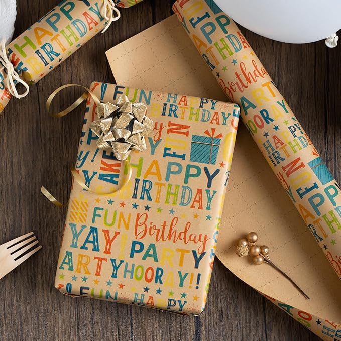 Burymento Kraft Birthday Wrapping Paper for Boys & Girls - Colorful Happy Birthday Pattern - Great for Parties & Baby Showers - Mini Roll - 17 Inches X 33 Feet
