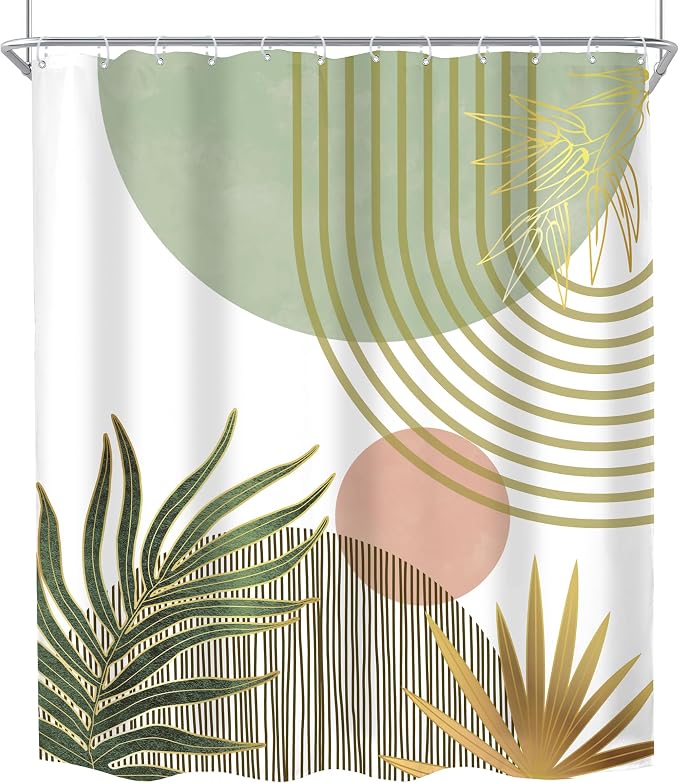 KOMLLEX Mid Century Boho Shower Curtain for Bathroom Decor Abstract Green Modern Minimalist Red Aesthetic Sun Arch Curve Leaves Geometric Neutral Fabric Waterproof Polyester 12 Pack Hook 60Wx72H