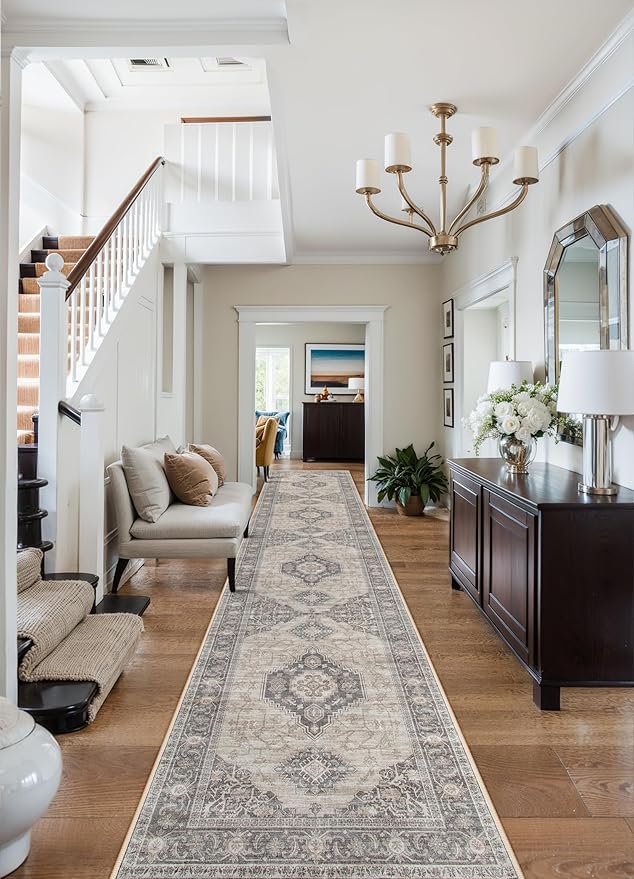Lahome Oriental Hallway Runner Rug, 2.5x12 Washable Runners for Hallways Kitchen, Soft Distressed Non Shedding Long Carpet for Entryway ‎Laundry Room, Grey/Brown
