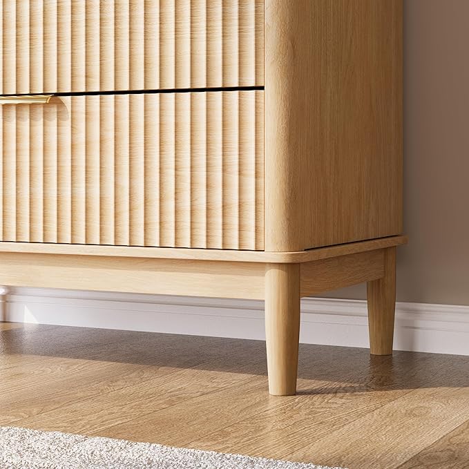 LINSY Fluted Dresser for Bedroom with 5 Drawers, Mid Century Modern Chest of Drawers with Gold Metal Handles, Tall Boho Wood Dressers, Large Farmhouse Storage Cabinet for Bedroom, Living Room, Oak