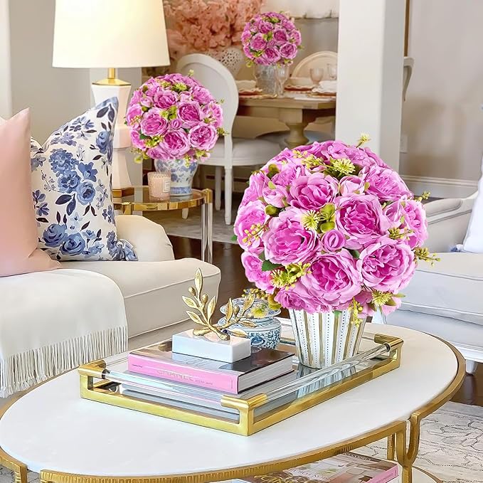4 Packs Artificial Peonies Silk Flowers: Faux Peony Bouquet 4 Bundles, Fake Peonies Flowers Bulk for Centerpiece Table Wedding Party Home Decor for Christmas Decoration (Light Purple)