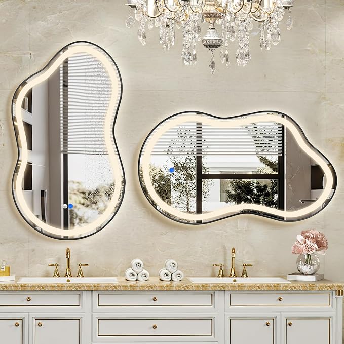 Irregular LED Bathroom Mirror with Lights, Cloud Smart Backlit Mirror, Dimmable Lighted Bathroom Mirror with Anti-Fog, Asymmetrical Vanity Mirror Hangable 2 Ways (Black, 24" x 36", 1 Pack)