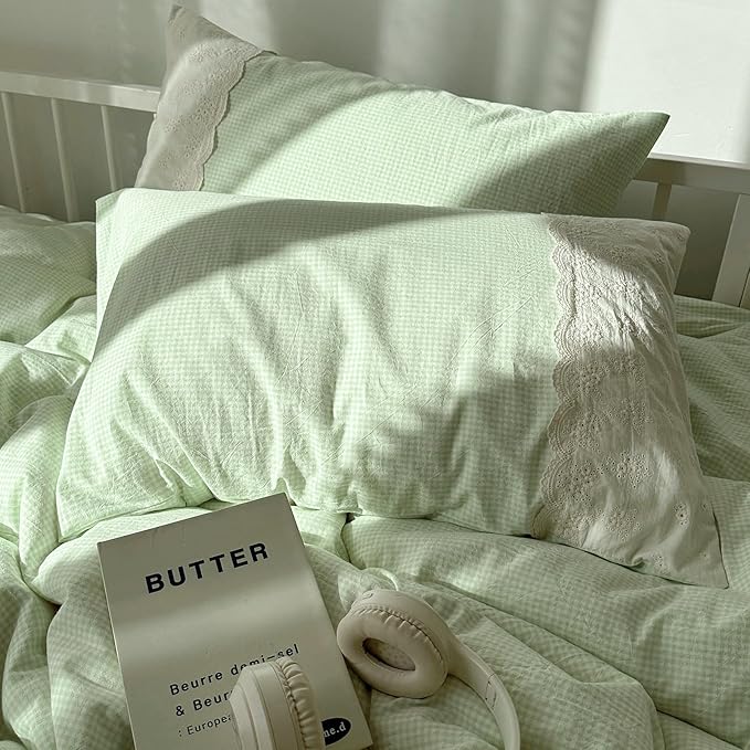 LifeTB Green Gingham Comforter Set Queen Romantic Lace Style Checkered Pattern Comforter Set Farmhouse Green Grid Plaid Bedding Comforter Lightweight Fluffy Soft Gingham Bedding Set Queen Size