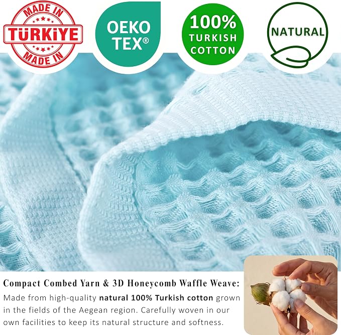 PÜSKÜL Natural 100% Turkish Cotton Waffle Kitchen Towels Set of 3 | Oeko-Tex, Premium Waffle Hand Towels for Bathroom | Soft Absorbent Quick-Dry Lint-Free Dish Towel Large 32x16 inch (3, Turquoise)