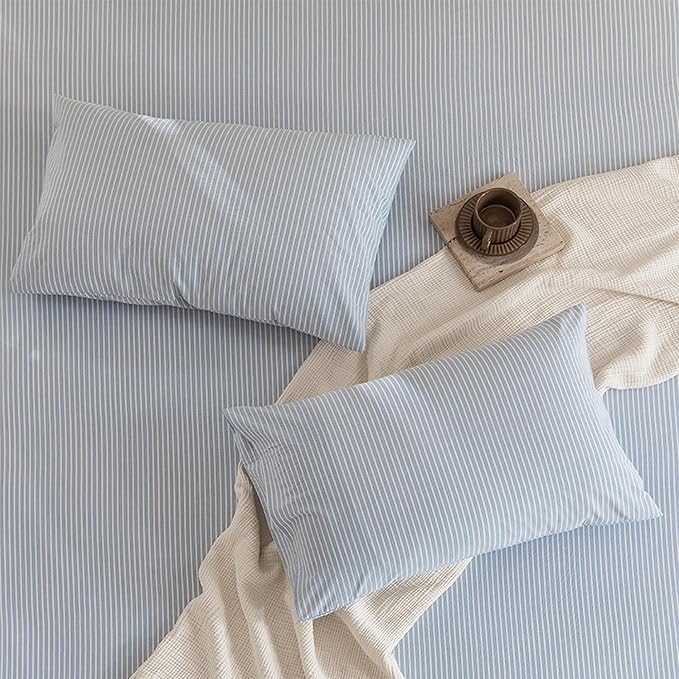 JIYUAN 100% Washed Cotton Striped Duvet Cover Set 3 Pieces King, 1 Duvet Cover and 2 Pillowcases(Comforter Not Included),Linen Like Comfy and Breathable,Pinstripes - Heathered Cornflower Blue White