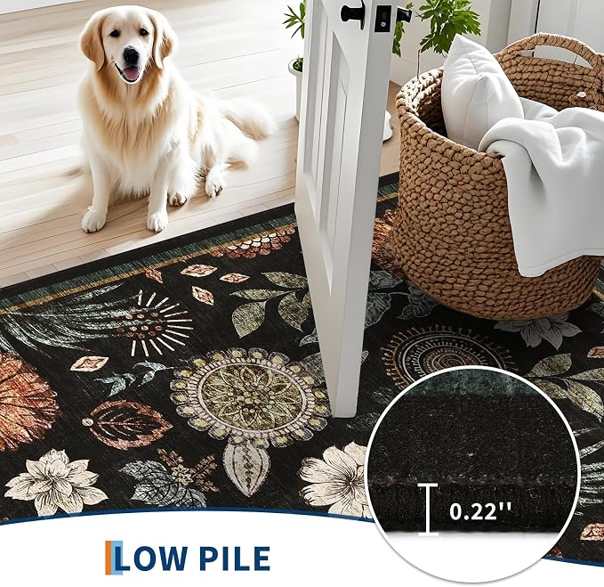 Area Rug 5x7 Modern Floral Washable Rug Non Slip Living Room Rugs Non Shedding Soft Bedroom Floor Mat Low Pile Soft Thin Boho Botanical Carpet for Nursery Kitchen Office Dorm, Black