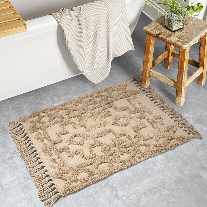 Uphome Boho Bathroom Rug 2' x 3', Small Farmhouse Kitchen Rugs with Tassels, Khaki Washable Front Door Mat, Cotton Woven Moroccan Tufted Throw Rug for Bedroom Entryway Laundry Living Room